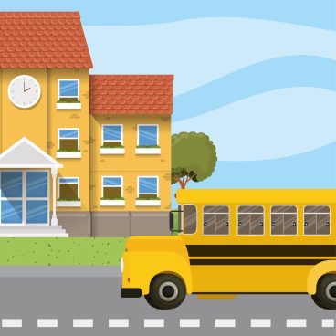 school building and bus in the road scene vector illustration design