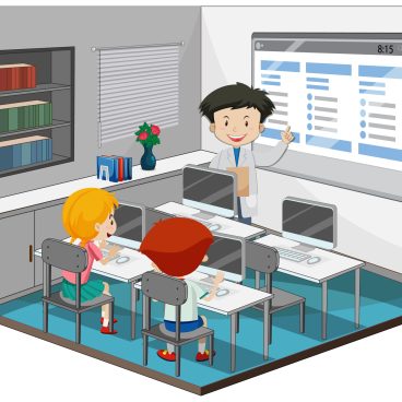 Children studying in the computer room with a teacher illustration